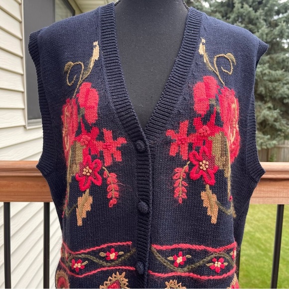 Vintage Ciel Bleu Women’s Large Floral Sweater Vest Buttons Flowers Blue 90s - Picture 11 of 13